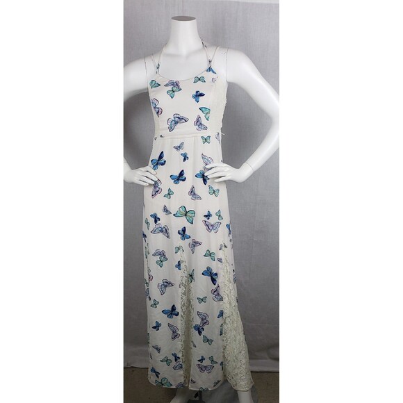 Candie's Dress Womens XS White Butterfly Print Lace Maxi Fairycore Summer Boho - Picture 1 of 9